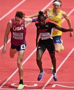 19 March 2022; Jereem Richards of Trinidad and Tobago, centre, crosses the line to win the men's 400m final from Trevor Bassitt of USA, left, and Carl Bengtström of Sweden, right, during day two of the World Indoor Athletics Championships at the Stark Arena in Belgrade, Serbia. Photo by Sam Barnes/Sportsfile