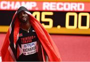 19 March 2022; Jereem Richards of Trinidad and Tobago celebrates after winning the men's 400m final with a championship record time of 45.00 seconds during day two of the World Indoor Athletics Championships at the Stark Arena in Belgrade, Serbia. Photo by Sam Barnes/Sportsfile