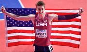 19 March 2022; Trevor Bassitt of USA celebrates aftering finishing second in the men's 400m final during day two of the World Indoor Athletics Championships at the Stark Arena in Belgrade, Serbia. Photo by Sam Barnes/Sportsfile