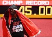 19 March 2022; Jereem Richards of Trinidad and Tobago celebrates after winning the men's 400m final with a championship record time of 45.00 seconds during day two of the World Indoor Athletics Championships at the Stark Arena in Belgrade, Serbia. Photo by Sam Barnes/Sportsfile