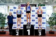 19 March 2022; Women's U19 1500m medallists, from left, Ruby Stueven of Tullamore Harriers AC, Offaly, silver, Hannah Kehoe of Thomastown AC, Kilkenny, gold, and Catherine Martin of City of Lisburn AC, Antrim, silver, during day one of the Irish Life Health National Juvenile Indoors at Athlone Institute of Technology in Athlone, Westmeath. Photo by Ben McShane/Sportsfile