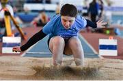 19 March 2022; Aoibhinn O Driscoll of St Brendan's AC, Kerry, competing in the women's U12 Long Jump during day one of the Irish Life Health National Juvenile Indoors at Athlone Institute of Technology in Athlone, Westmeath. Photo by Ben McShane/Sportsfile