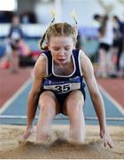 19 March 2022; Nellie Bateman of Belgooly AC, Cork, competing in the women's U12 Long Jump during day one of the Irish Life Health National Juvenile Indoors at Athlone Institute of Technology in Athlone, Westmeath. Photo by Ben McShane/Sportsfile