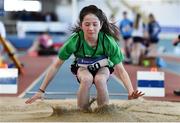19 March 2022; Ella O'Dwyer of Clongriffin AC, Dublin, competing in the women's U12 Long Jump during day one of the Irish Life Health National Juvenile Indoors at Athlone Institute of Technology in Athlone, Westmeath. Photo by Ben McShane/Sportsfile