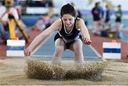 19 March 2022; Ruby Cunnane of Corran AC, Cavan, competing in the women's U12 Long Jump during day one of the Irish Life Health National Juvenile Indoors at Athlone Institute of Technology in Athlone, Westmeath. Photo by Ben McShane/Sportsfile