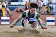 19 March 2022; J P Guerin of Midleton AC, Cork, competing in the men's U13 Long Jump during day one of the Irish Life Health National Juvenile Indoors at Athlone Institute of Technology in Athlone, Westmeath. Photo by Ben McShane/Sportsfile