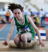 19 March 2022; Cillian Kelly of Cabinteely AC, Dublin, competing in the men's U13 Long Jump during day one of the Irish Life Health National Juvenile Indoors at Athlone Institute of Technology in Athlone, Westmeath. Photo by Ben McShane/Sportsfile