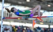 19 March 2022; Hayley Williamson of Cabinteely AC, Dublin, competing in the women's U13 High Jump  during day one of the Irish Life Health National Juvenile Indoors at Athlone Institute of Technology in Athlone, Westmeath. Photo by Ben McShane/Sportsfile