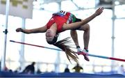 19 March 2022; Ella Hanratty of City of Lisburn AC, Antrim, fails to clear the bar in the women's U18 High Jump during day one of the Irish Life Health National Juvenile Indoors at Athlone Institute of Technology in Athlone, Westmeath. Photo by Ben McShane/Sportsfile