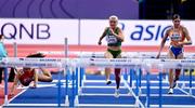 19 March 2022; Sarah Lavin of Ireland centre, competing in the women's 60m hurdles final, alongside Mujinga Kambundji of Switzerland,left, who fell, and Zoë Sedney of Netherlands, right, during day two of the World Indoor Athletics Championships at the Stark Arena in Belgrade, Serbia. Photo by Sam Barnes/Sportsfile