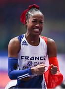 19 March 2022; Cyréna Samba-Mayela of France celebrates after winning the women's 60m hurdles final during day two of the World Indoor Athletics Championships at the Stark Arena in Belgrade, Serbia. Photo by Sam Barnes/Sportsfile