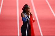 19 March 2022; Cyréna Samba-Mayela of France celebrates after winning the women's 60m hurdles final during day two of the World Indoor Athletics Championships at the Stark Arena in Belgrade, Serbia. Photo by Sam Barnes/Sportsfile