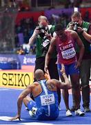 19 March 2022; Lamont Marcell Jacobs of Italy is congratulated by Christian Coleman of USA after winning the men's 60m final during day two of the World Indoor Athletics Championships at the Stark Arena in Belgrade, Serbia. Photo by Sam Barnes/Sportsfile