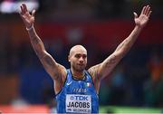 19 March 2022; Lamont Marcell Jacobs of Italy celebrates to winning the men's 60m final during day two of the World Indoor Athletics Championships at the Stark Arena in Belgrade, Serbia. Photo by Sam Barnes/Sportsfile