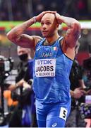 19 March 2022; Lamont Marcell Jacobs of Italy celebrates to winning the men's 60m final during day two of the World Indoor Athletics Championships at the Stark Arena in Belgrade, Serbia. Photo by Sam Barnes/Sportsfile