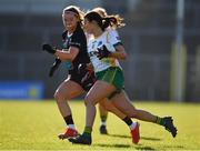 19 March 2022; Emma Troy of Meath in action against Saoirse Lally of Mayo during the Lidl Ladies Football National League Division 1 Semi-Final match between Mayo and Meath at St Tiernach's Park in Clones, Monaghan. Photo by Ray McManus/Sportsfile