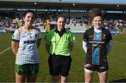 19 March 2022; Referee Siobhan Coyle with the Meath and Mayo captains, Shauna Ennis, left, and Kathryn Sullivan, before the Lidl Ladies Football National League Division 1 Semi-Final match between Mayo and Meath at St Tiernach's Park in Clones, Monaghan. Photo by Ray McManus/Sportsfile