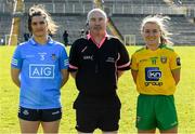 19 March 2022; Referee Gus Chapman with the Dubllin and Donegal captains, Martha Byrne, left, and Niamh McLaughlin, before the Lidl Ladies Football National League Division 1 Semi-Final match between Dublin and Donegal at St Tiernach's Park in Clones, Monaghan. Photo by Ray McManus/Sportsfile