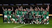 19 March 2022; James Ryan and Andrew Conway lift the Triple Crown trophy as the Ireland team celebrate after the Guinness Six Nations Rugby Championship match between Ireland and Scotland at Aviva Stadium in Dublin. Photo by Brendan Moran/Sportsfile