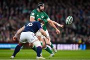 19 March 2022; Caelan Doris of Ireland in action against Fraser Brown of Scotland during the Guinness Six Nations Rugby Championship match between Ireland and Scotland at Aviva Stadium in Dublin. Photo by Brendan Moran/Sportsfile