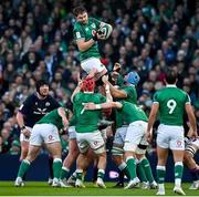 19 March 2022; Iain Henderson of Ireland wins a lineout during the Guinness Six Nations Rugby Championship match between Ireland and Scotland at Aviva Stadium in Dublin. Photo by Brendan Moran/Sportsfile