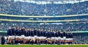 19 March 2022; The Scotland team stand for the national anthems before the Guinness Six Nations Rugby Championship match between Ireland and Scotland at Aviva Stadium in Dublin. Photo by Brendan Moran/Sportsfile