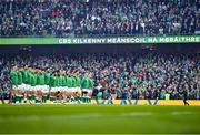 19 March 2022; The Ireland team stand for the national anthems before the Guinness Six Nations Rugby Championship match between Ireland and Scotland at Aviva Stadium in Dublin. Photo by Brendan Moran/Sportsfile