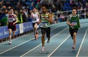 20 March 2022; Lemar Lucciamo of Castlegar AC, Galway, on his way to winning the men's U16 200m during day two of the Irish Life Health National Juvenile Indoors at the Athlone Institute of Technology in Athlone, Westmeath. Photo by Ben McShane/Sportsfile