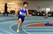 20 March 2022; Ace Milan Rodriguez of Finn Valley AC, Donegal, competing in the men's U16 200m during day two of the Irish Life Health National Juvenile Indoors at the Athlone Institute of Technology in Athlone, Westmeath. Photo by Ben McShane/Sportsfile