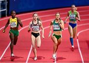 20 March 2022; Sophie Becker of Ireland, second from right, competing in the women's 4x400m relay heats, alongside from left, Roneisha McGregor of Jamaica, and Lauren Gale of Canada during day three of the World Indoor Athletics Championships at the Stark Arena in Belgrade, Serbia. Photo by Sam Barnes/Sportsfile