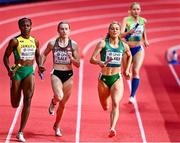 20 March 2022; Sophie Becker of Ireland, second from right, competing in the women's 4x400m relay heats, alongside from left, Roneisha McGregor of Jamaica, and Lauren Gale of Canada during day three of the World Indoor Athletics Championships at the Stark Arena in Belgrade, Serbia. Photo by Sam Barnes/Sportsfile