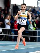 20 March 2022; Laura Ayres of St Abbans AC, Laois, competing in the women's U12 600m during day two of the Irish Life Health National Juvenile Indoors at the Athlone Institute of Technology in Athlone, Westmeath. Photo by Ben McShane/Sportsfile
