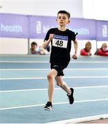 20 March 2022; Davyn Mc Glynn of Letterkenny AC, Donegal, competing in the men's U12 600m during day two of the Irish Life Health National Juvenile Indoors at the Athlone Institute of Technology in Athlone, Westmeath. Photo by Ben McShane/Sportsfile