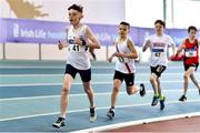 20 March 2022; Zach Ryan of Dunboyne AC, Meath, competing in the men's U12 600m during day two of the Irish Life Health National Juvenile Indoors at the Athlone Institute of Technology in Athlone, Westmeath. Photo by Ben McShane/Sportsfile
