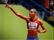 20 March 2022; Yulimar Rojas of Venezuela celebrates after jumping 15.74m to set a new indoor world record and win the women's triple jump during day three of the World Indoor Athletics Championships at the Stark Arena in Belgrade, Serbia. Photo by Sam Barnes/Sportsfile