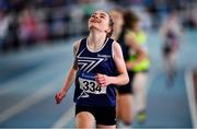 20 March 2022; Freya Bateman of Belgooly AC, Cork, reacts after winning the women's U14 800m during day two of the Irish Life Health National Juvenile Indoors at the Athlone Institute of Technology in Athlone, Westmeath. Photo by Ben McShane/Sportsfile