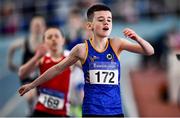 20 March 2022; Oisin Dillon of Longford AC reacts after winning the men's U13 600m during day two of the Irish Life Health National Juvenile Indoors at the Athlone Institute of Technology in Athlone, Westmeath. Photo by Ben McShane/Sportsfile