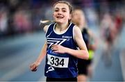20 March 2022; Freya Bateman of Belgooly AC, Cork, reacts after winning the women's U14 800m during day two of the Irish Life Health National Juvenile Indoors at the Athlone Institute of Technology in Athlone, Westmeath. Photo by Ben McShane/Sportsfile