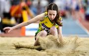 20 March 2022; Clara Whelan of North Cork AC competing in the women's U13 Long Jump during day two of the Irish Life Health National Juvenile Indoors at the Athlone Institute of Technology in Athlone, Westmeath. Photo by Ben McShane/Sportsfile