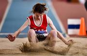 20 March 2022; Leah Queally of K.C.K. AC, Waterford, competing in the women's U13 Long Jump during day two of the Irish Life Health National Juvenile Indoors at the Athlone Institute of Technology in Athlone, Westmeath. Photo by Ben McShane/Sportsfile