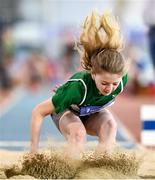 20 March 2022; Saoirse Donohoe of Castlebar AC, Mayo, competing in the women's U13 Long Jump during day two of the Irish Life Health National Juvenile Indoors at the Athlone Institute of Technology in Athlone, Westmeath. Photo by Ben McShane/Sportsfile