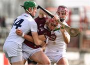 20 March 2022; Johnny Bermingham of Westmeath is tackled by Cathal Dowling, right, and Jack Sheridan of Kildare during the Allianz Hurling League Division 2A match between Kildare and Westmeath at St Conleth's Park in Newbridge, Kildare. Photo by Piaras Ó Mídheach/Sportsfile
