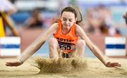 20 March 2022; Niamh Doogan of Rosses AC, Donegal, competing in the women's U13 Long Jump during day two of the Irish Life Health National Juvenile Indoors at the Athlone Institute of Technology in Athlone, Westmeath. Photo by Ben McShane/Sportsfile