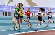 20 March 2022; Maggie Foley of Raheny Shamrock AC, Dublin, 181, leads the field in the women's U13 600m during day two of the Irish Life Health National Juvenile Indoors at the Athlone Institute of Technology in Athlone, Westmeath. Photo by Ben McShane/Sportsfile