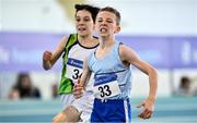 20 March 2022; Kenneth O Connell of St Catherine's AC, Cork, 33, contests the lead with Patrick Ruane of Moy Valley AC, Kildare, in the men's U12 600m during day two of the Irish Life Health National Juvenile Indoors at the Athlone Institute of Technology in Athlone, Westmeath. Photo by Ben McShane/Sportsfile