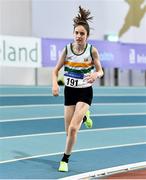 20 March 2022; Ciara Milton of St Abbans AC, Laois, competing in the women's U13 600m during day two of the Irish Life Health National Juvenile Indoors at the Athlone Institute of Technology in Athlone, Westmeath. Photo by Ben McShane/Sportsfile