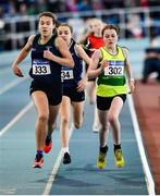 20 March 2022; Sarah Mulvaney-Kelly of North Leitrim AC, right, and Evelyn Kwik of Templeogue AC, Dublin, competing in the women's U14 800m during day two of the Irish Life Health National Juvenile Indoors at the Athlone Institute of Technology in Athlone, Westmeath. Photo by Ben McShane/Sportsfile