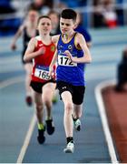20 March 2022; Oisin Dillon of Longford AC on his way to winning the men's U13 600m during day two of the Irish Life Health National Juvenile Indoors at the Athlone Institute of Technology in Athlone, Westmeath. Photo by Ben McShane/Sportsfile