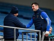 20 March 2022; Injured Tipperary player Séamus Callanan speaks with Tony Shivers before the Allianz Hurling League Division 1 Group B match between Tipperary and Antrim at Semple Stadium in Thurles, Tipperary. Photo by Harry Murphy/Sportsfile