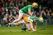 20 March 2022; David King of Offaly in action against Oisín O’Reilly of Limerick during the Allianz Hurling League Division 1 Group A match between Limerick and Offaly at TUS Gaelic Grounds in Limerick. Photo by Seb Daly/Sportsfile